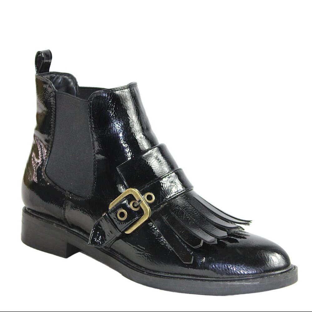 Marc Fisher Brigita Chelsea Kiltie Black Patent Buckle Pull On Boot, Size 7 - Picture 4 of 10